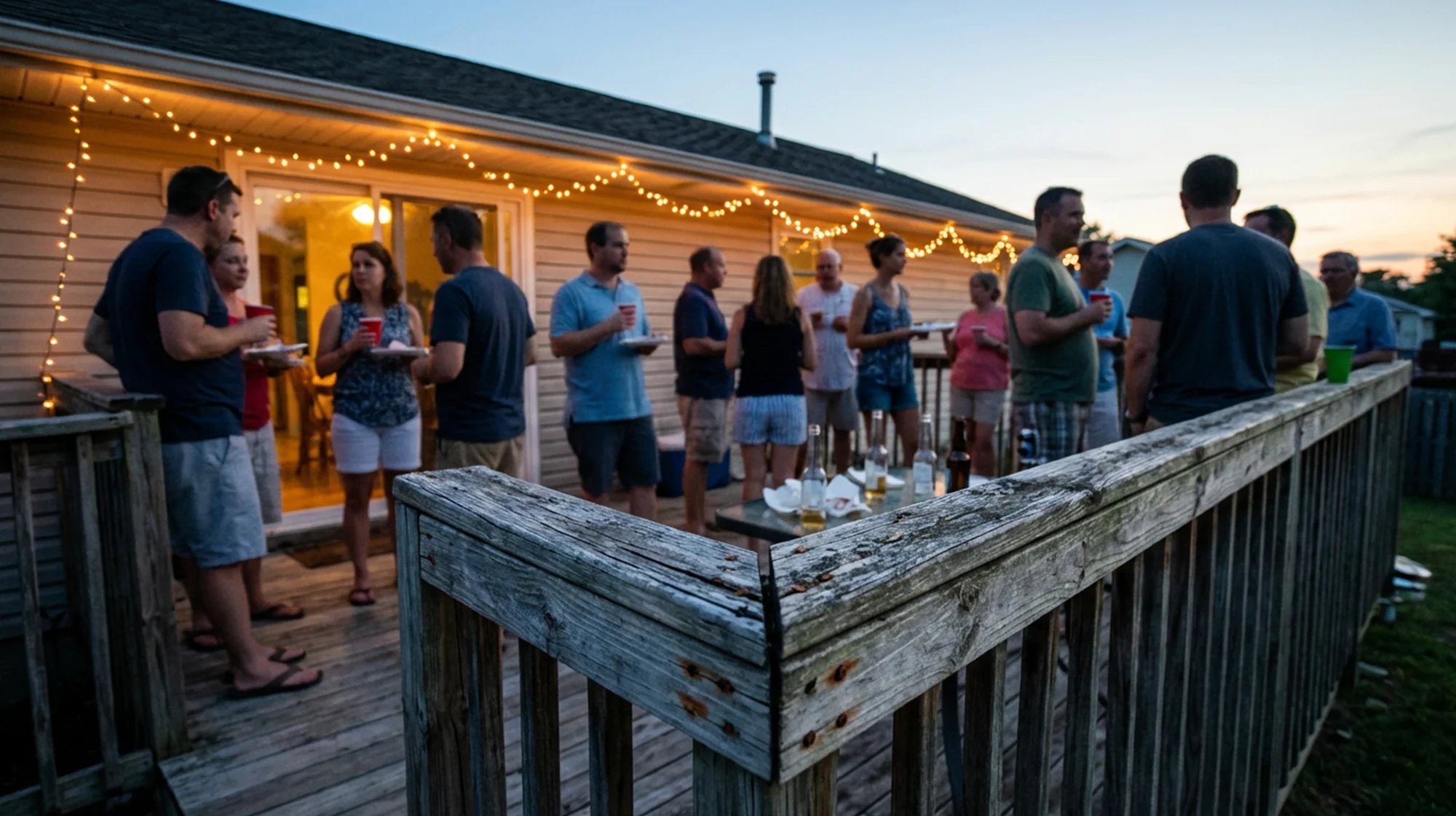 People socializing on a backyard deck at dusk under string lights.