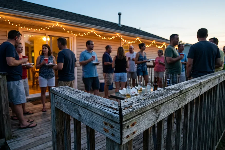 People socializing on a backyard deck at dusk under string lights.
