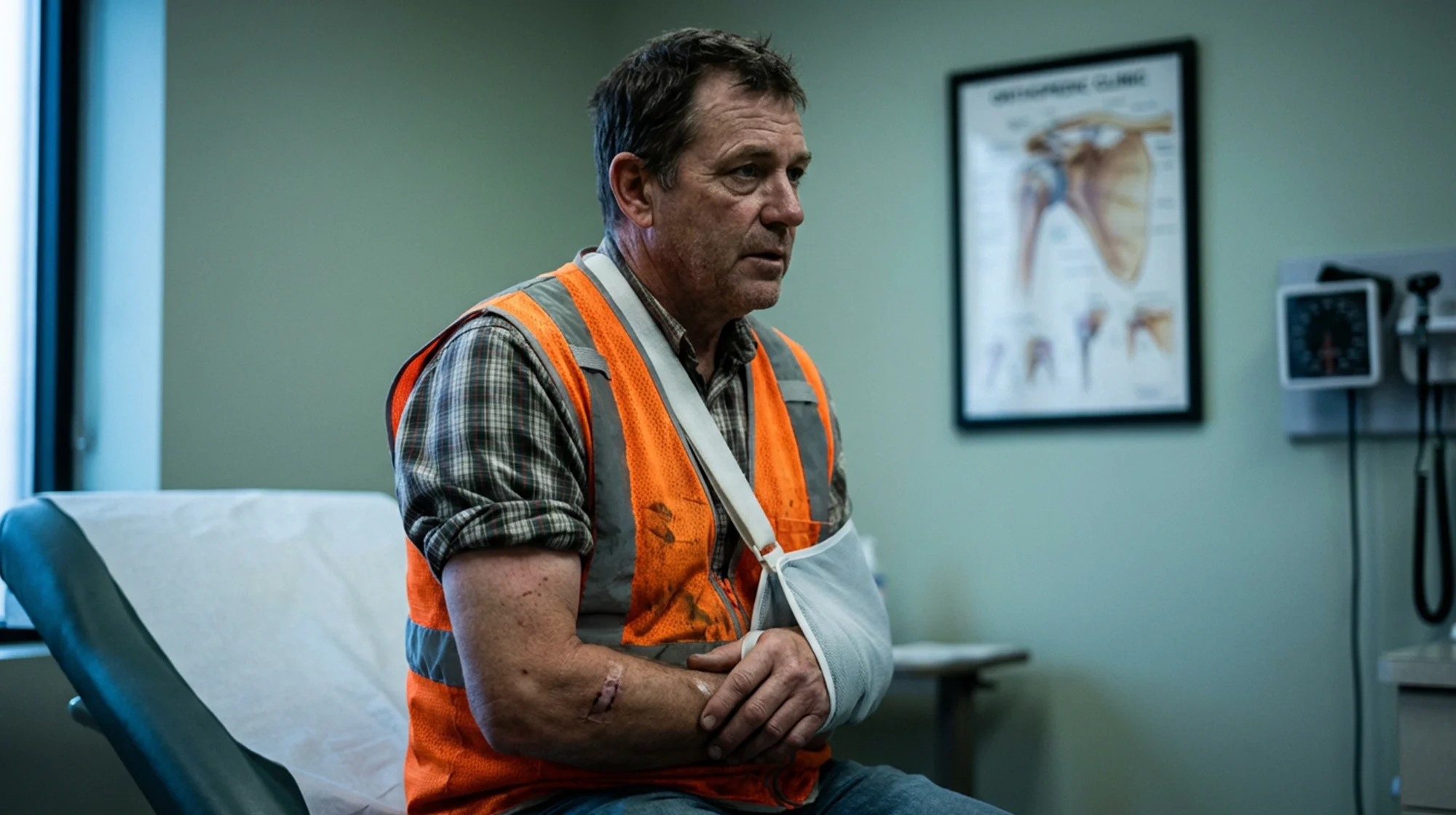 Trabajador de la construcción de mediana edad en una sala de examen con el brazo en una honda y un codo vendado.