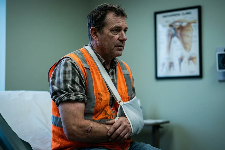 Trabajador de la construcción de mediana edad en una sala de examen con el brazo en una honda y un codo vendado.