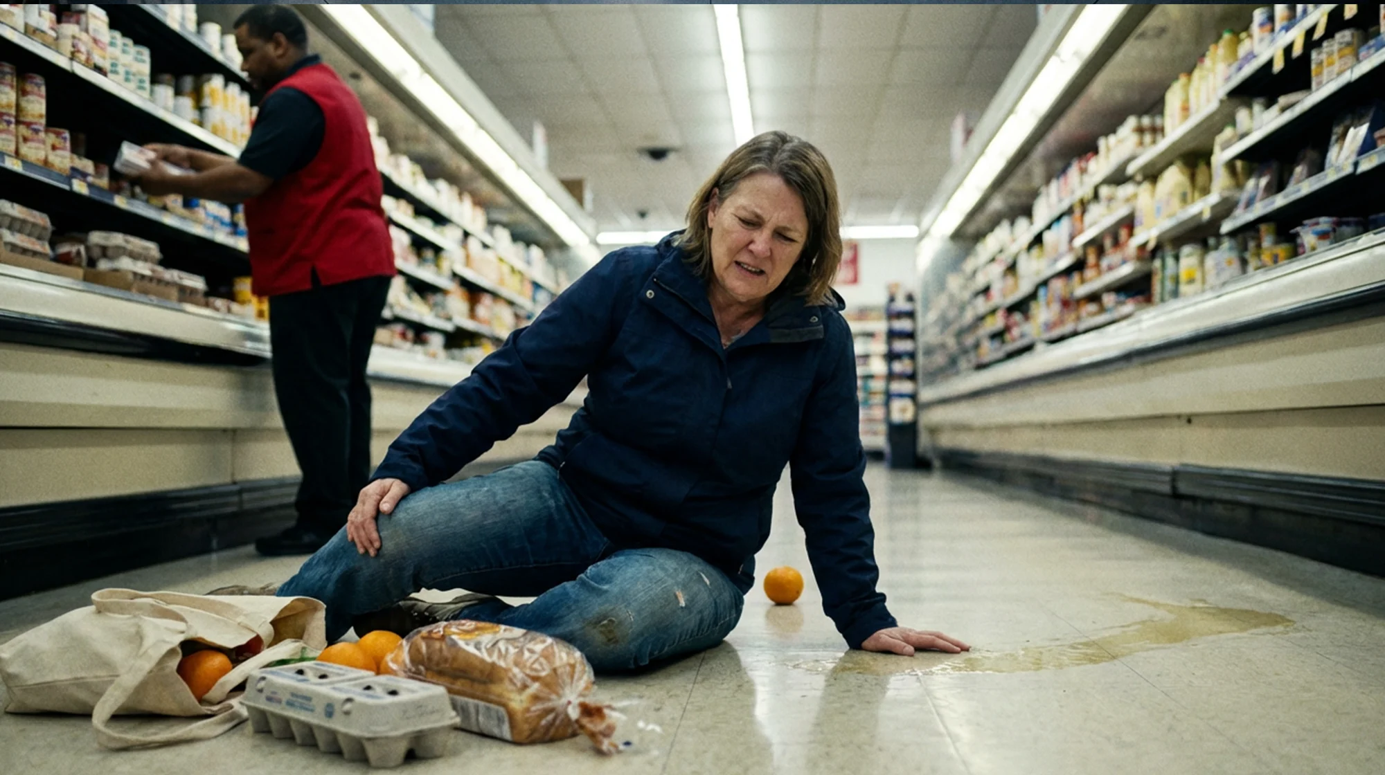 Woman sitting on a supermarket floor beside spilled groceries (bread, eggs, oranges) and a puddle, grimacing.