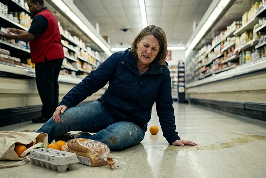 Woman sitting on a supermarket floor beside spilled groceries (bread, eggs, oranges) and a puddle, grimacing.