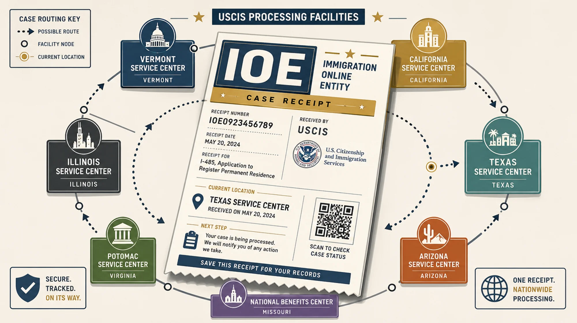 Infographic showing a USCIS IOE case receipt centered, surrounded by service center nodes (Vermont, Illinois, Potomac, Missouri, California, Texas, Arizona) with routing arrows.