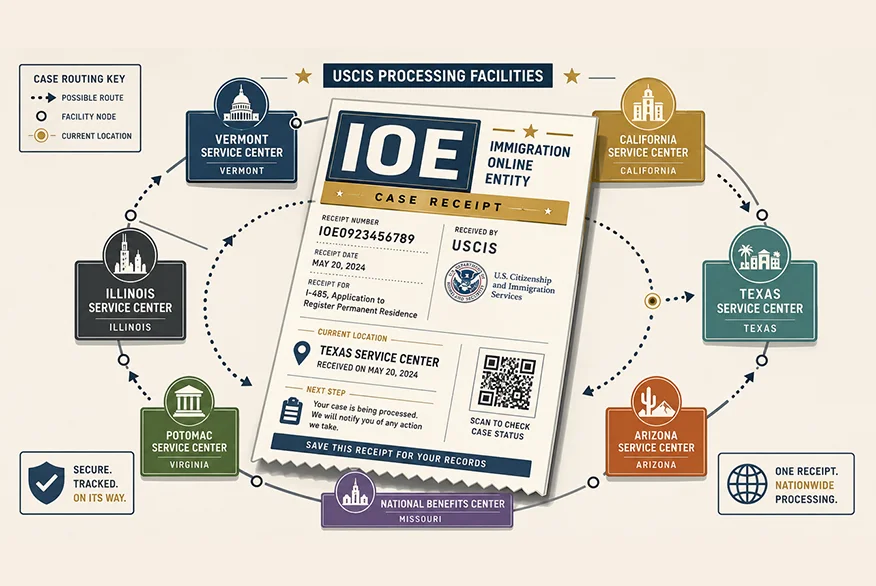 Infographic showing a USCIS IOE case receipt centered, surrounded by service center nodes (Vermont, Illinois, Potomac, Missouri, California, Texas, Arizona) with routing arrows.
