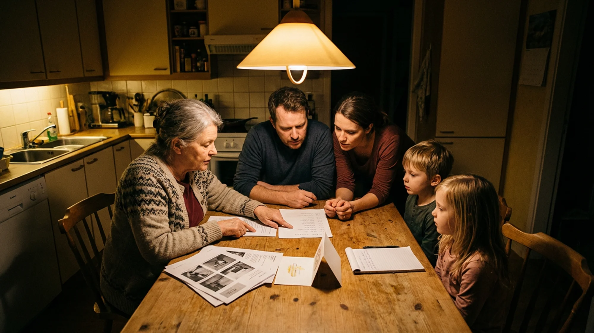 Five people sit around a kitchen table under a warm hanging lamp, reviewing papers.