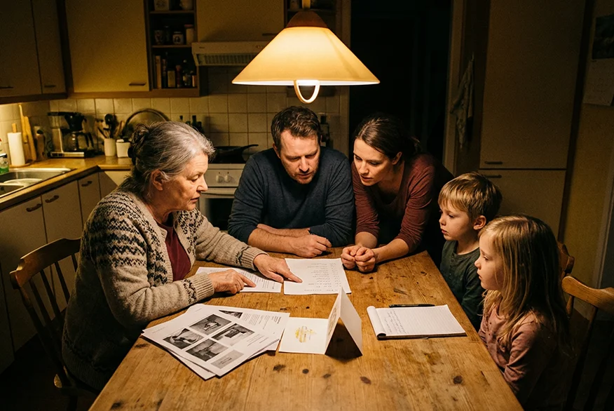 Five people sit around a kitchen table under a warm hanging lamp, reviewing papers.