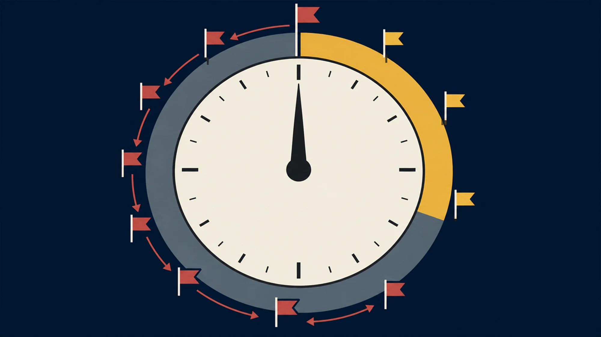 Circular clock dial with colored flags and arrows.