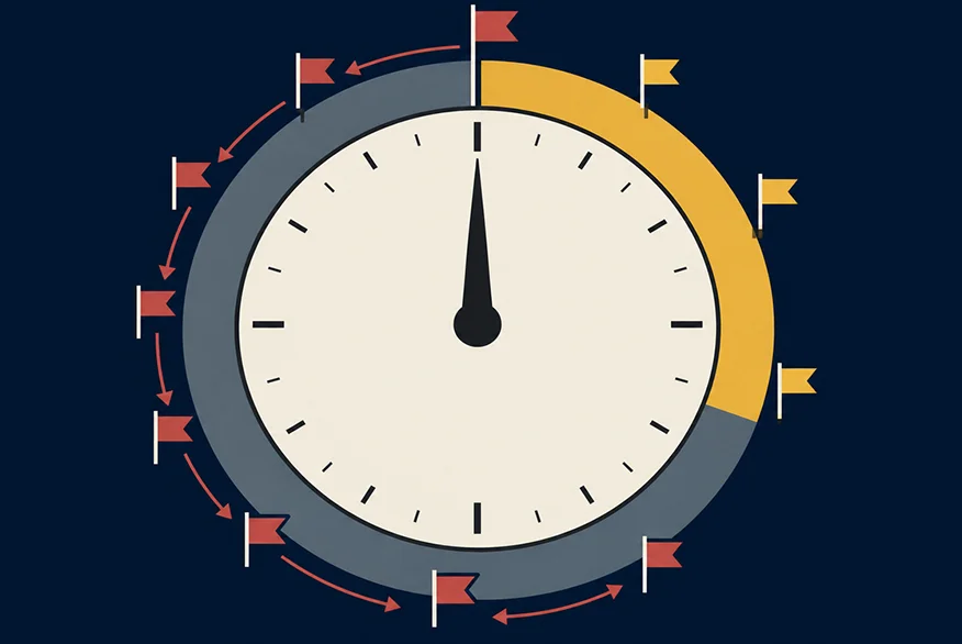 Esfera de reloj circular con banderas y flechas de colores.
