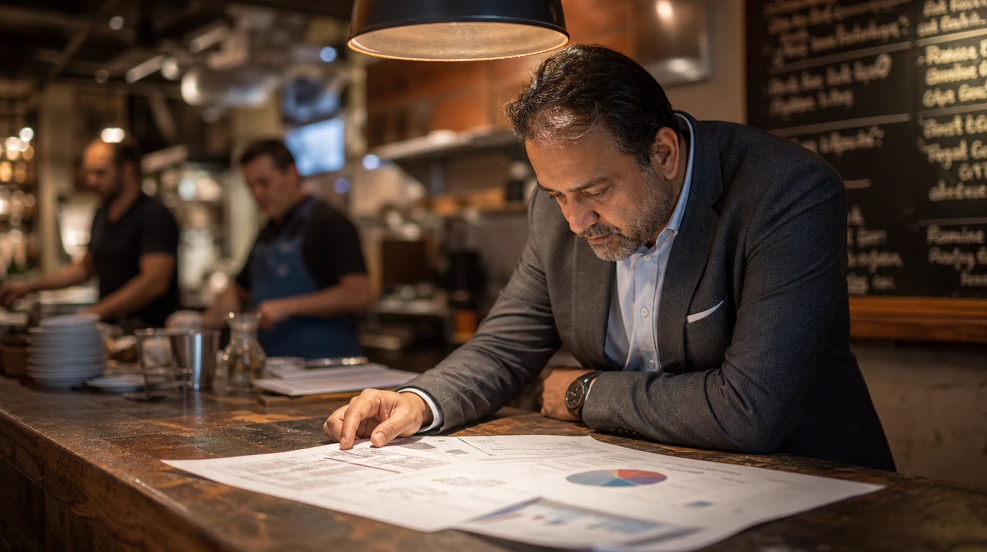 Hombre de traje inclinado sobre un mostrador de madera, revisando cuadros y gráficos impresos en un concurrido café.