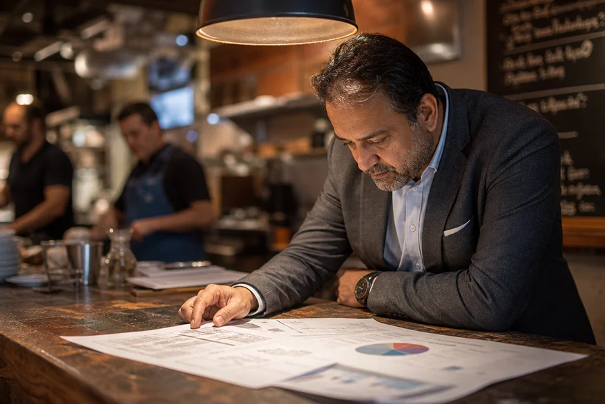 Man in a suit leaning over a wooden counter, reviewing printed charts and graphs in a busy café.