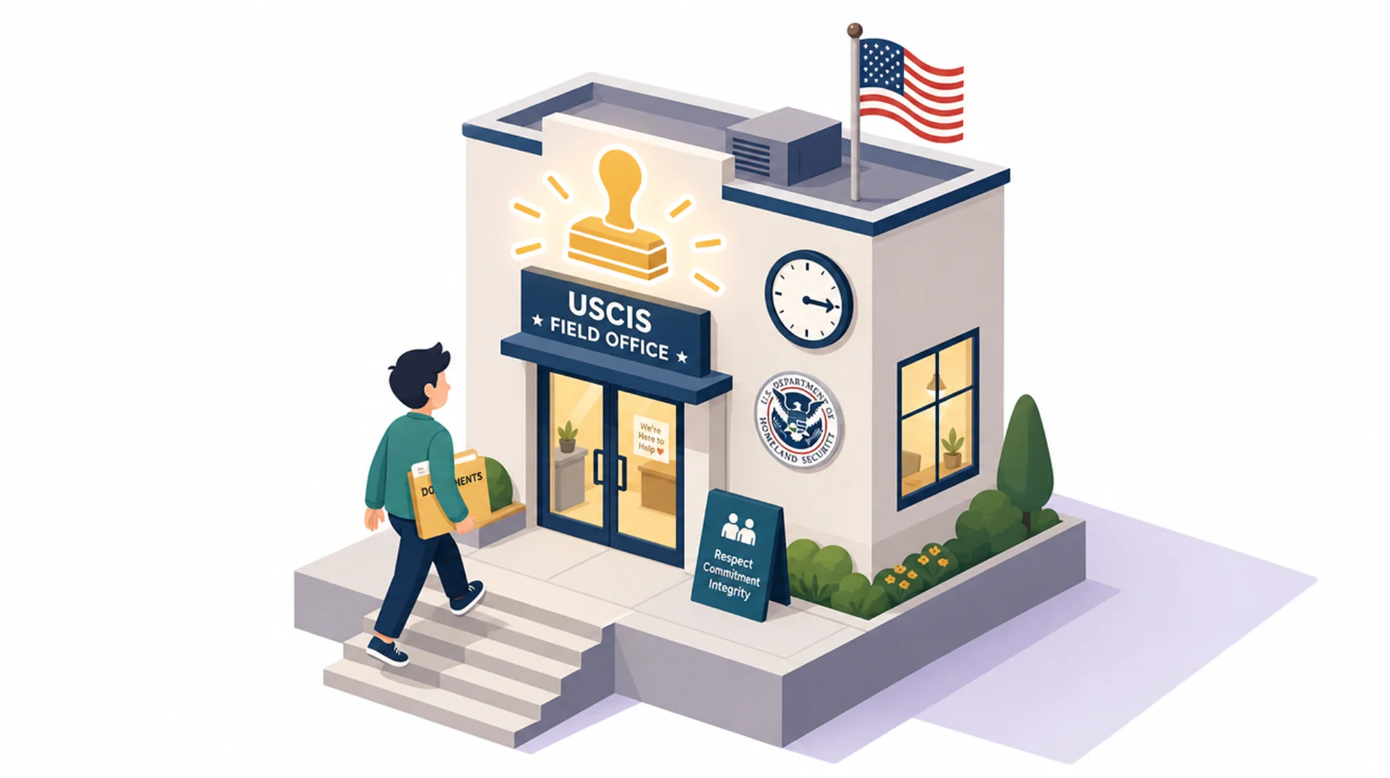 Illustration of a person carrying documents approaches a USCIS field office with an American flag.