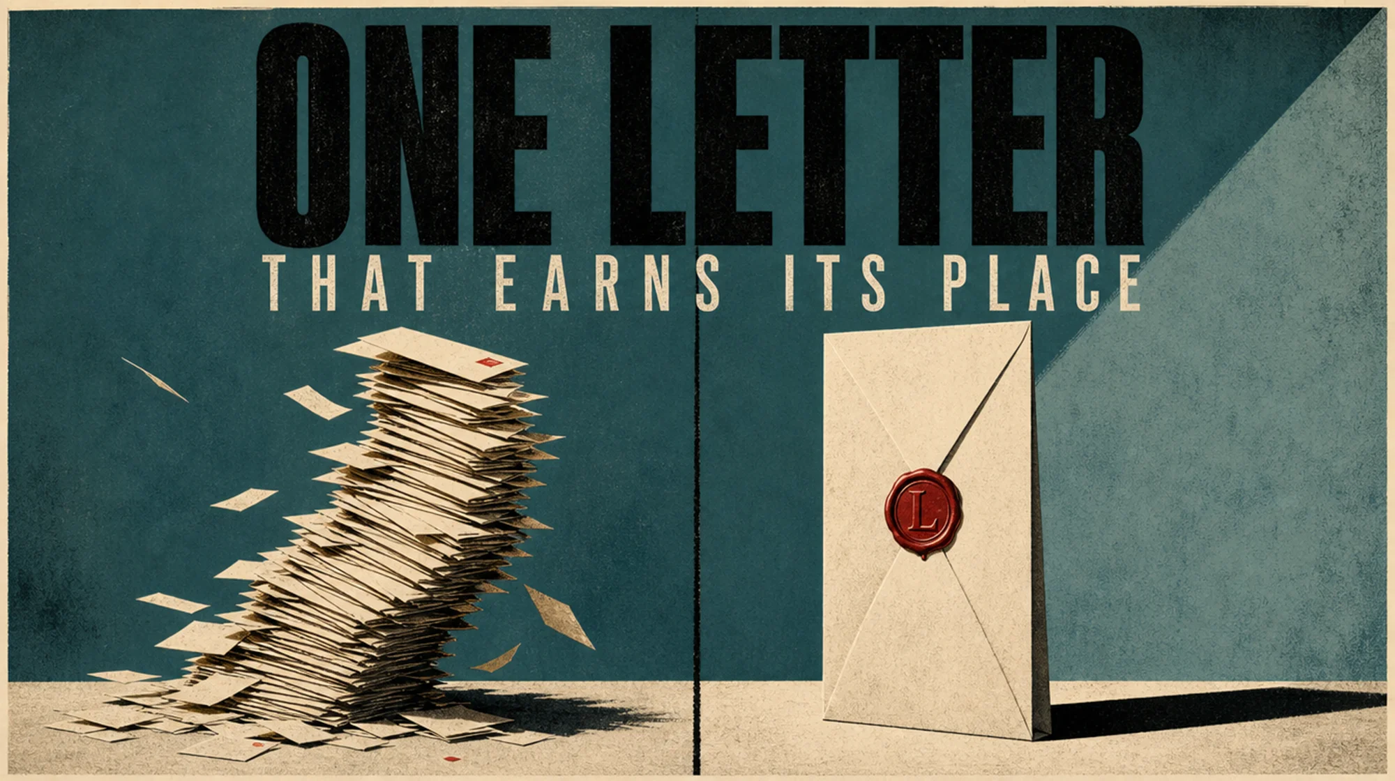 Vintage poster showing a messy stack of letters on the left and a single sealed envelope with a red wax seal on the right under the headline "ONE LETTER."