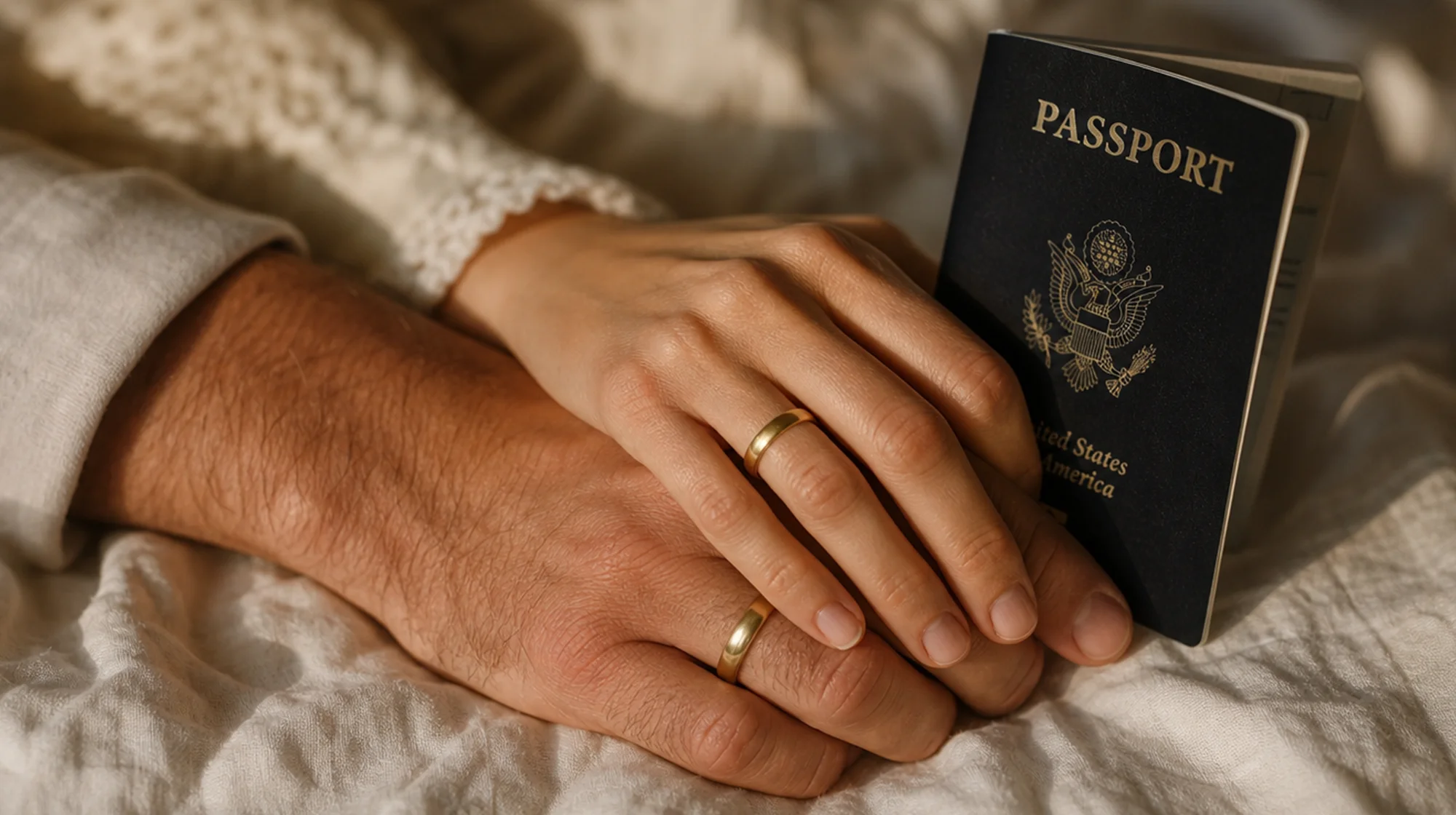Two hands wearing gold wedding bands resting beside a United States passport on white fabric.