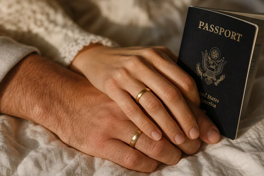 Two hands wearing gold wedding bands resting beside a United States passport on white fabric.
