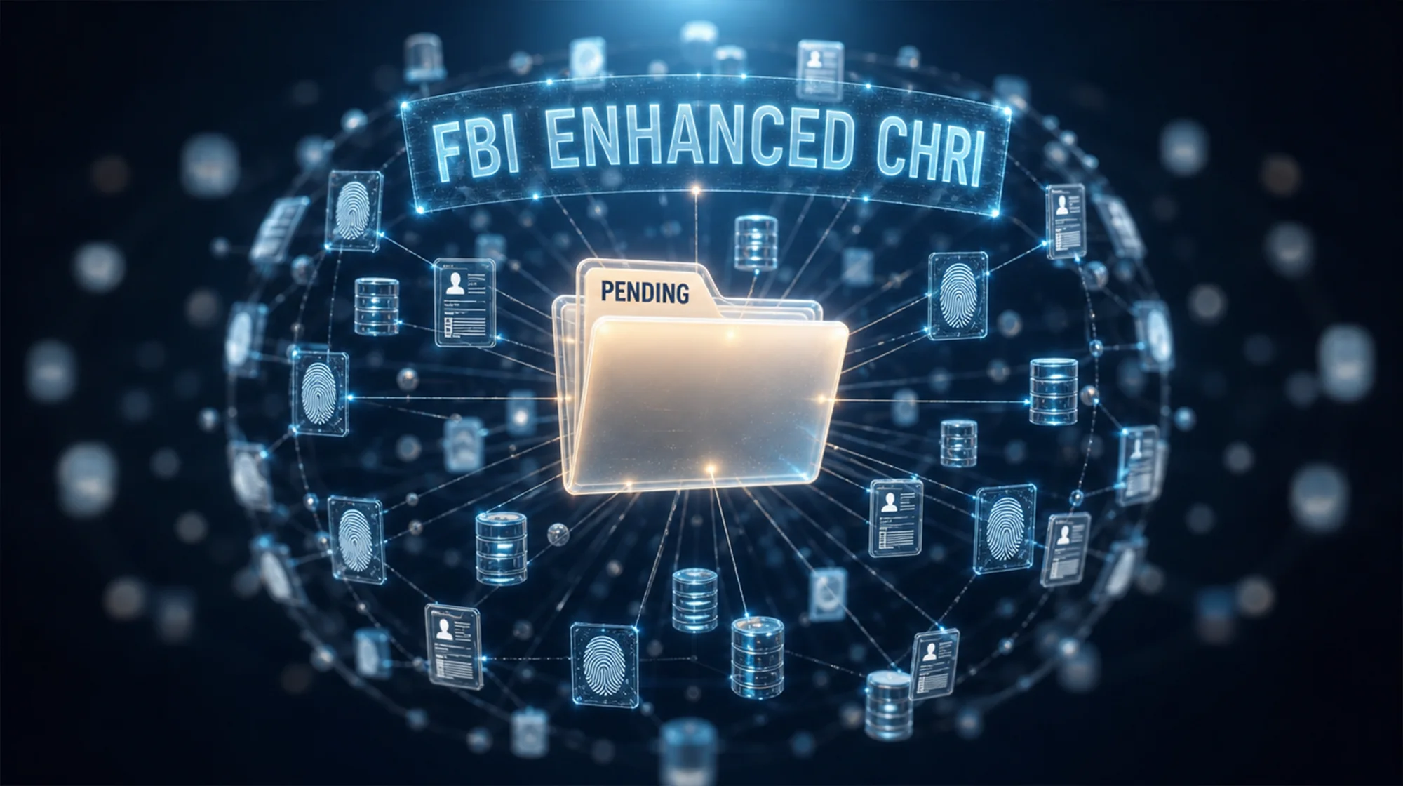 A glowing digital folder labeled "PENDING" at the center of a futuristic network of fingerprint and database icons, beneath a holographic banner reading "FBI ENHANCED CHRI".