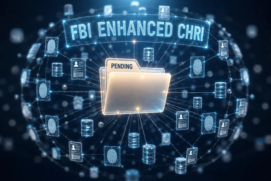 Una carpeta digital brillante etiquetada como “PENDIENTE” en el centro de una red futurista de iconos de huellas dactilares y bases de datos, debajo de una pancarta holográfica que dice “FBI ENHANCED CHRI”.