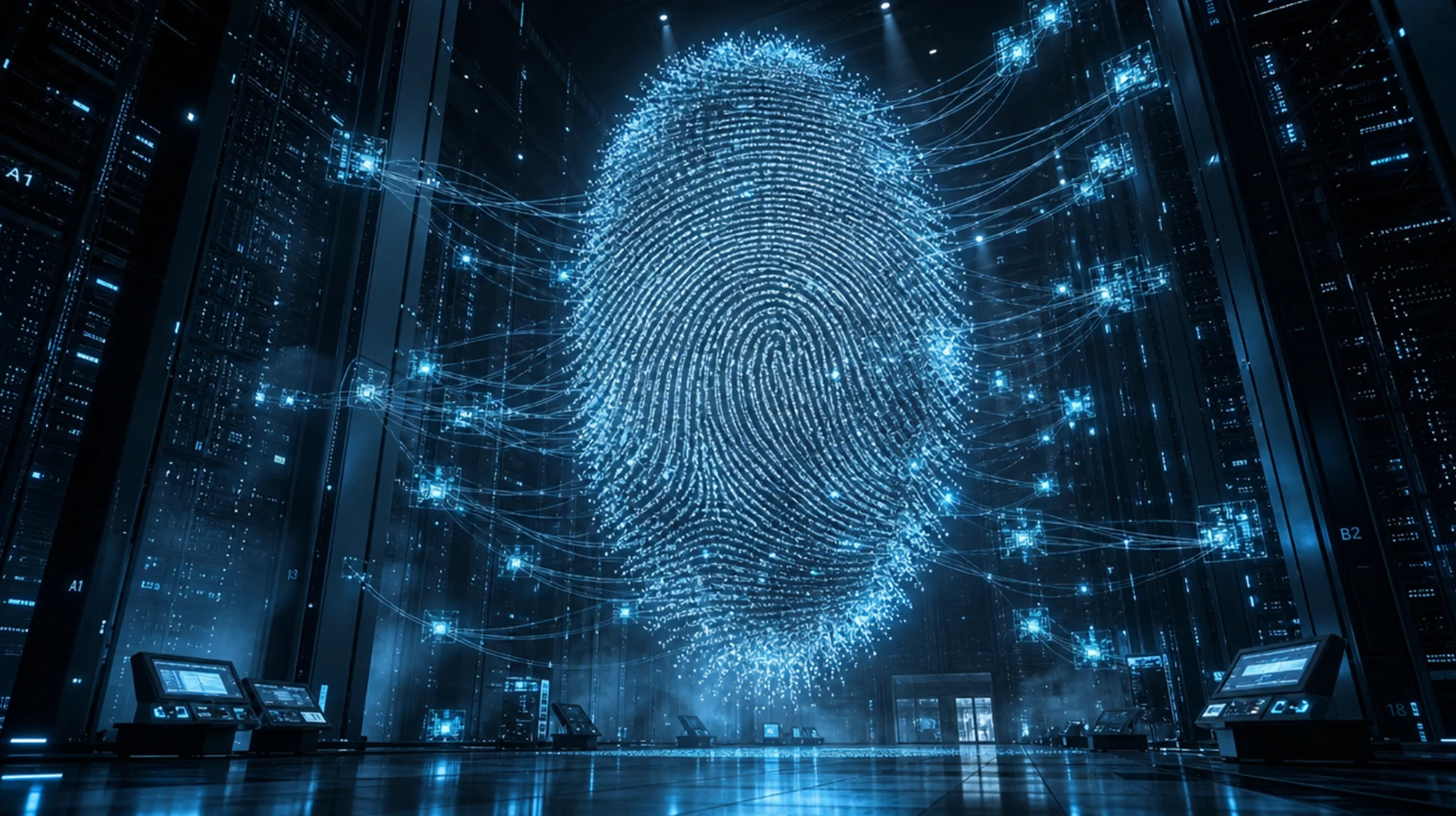A tiny silhouette of a person stands in a dark, futuristic server room, looking up at a massive, glowing blue digital fingerprint connected to floating data nodes in @img1.