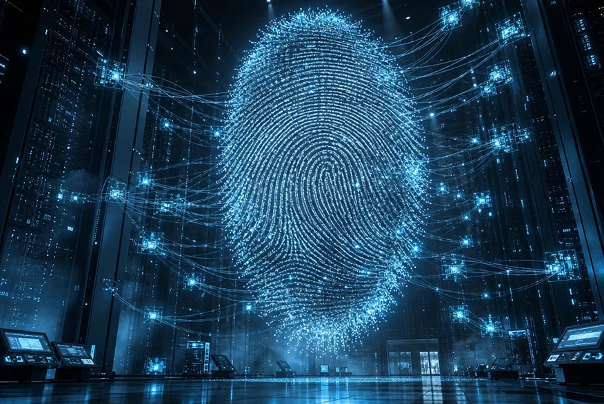 A tiny silhouette of a person stands in a dark, futuristic server room, looking up at a massive, glowing blue digital fingerprint connected to floating data nodes in @img1.