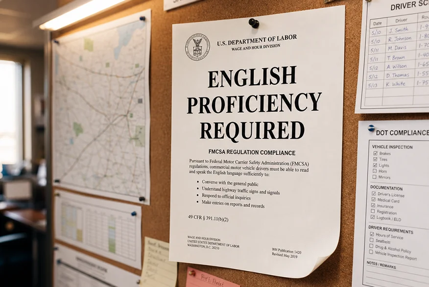 A cork bulletin board displaying a prominent U.S. Department of Labor notice titled "ENGLISH PROFICIENCY REQUIRED," pinned alongside a map, driver schedule, and DOT compliance checklist.