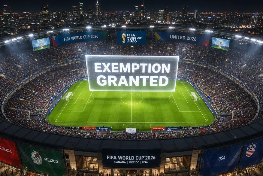 A packed soccer stadium at night for the 2026 FIFA World Cup, with a giant glowing hologram reading "EXEMPTION GRANTED" hovering above the pitch.