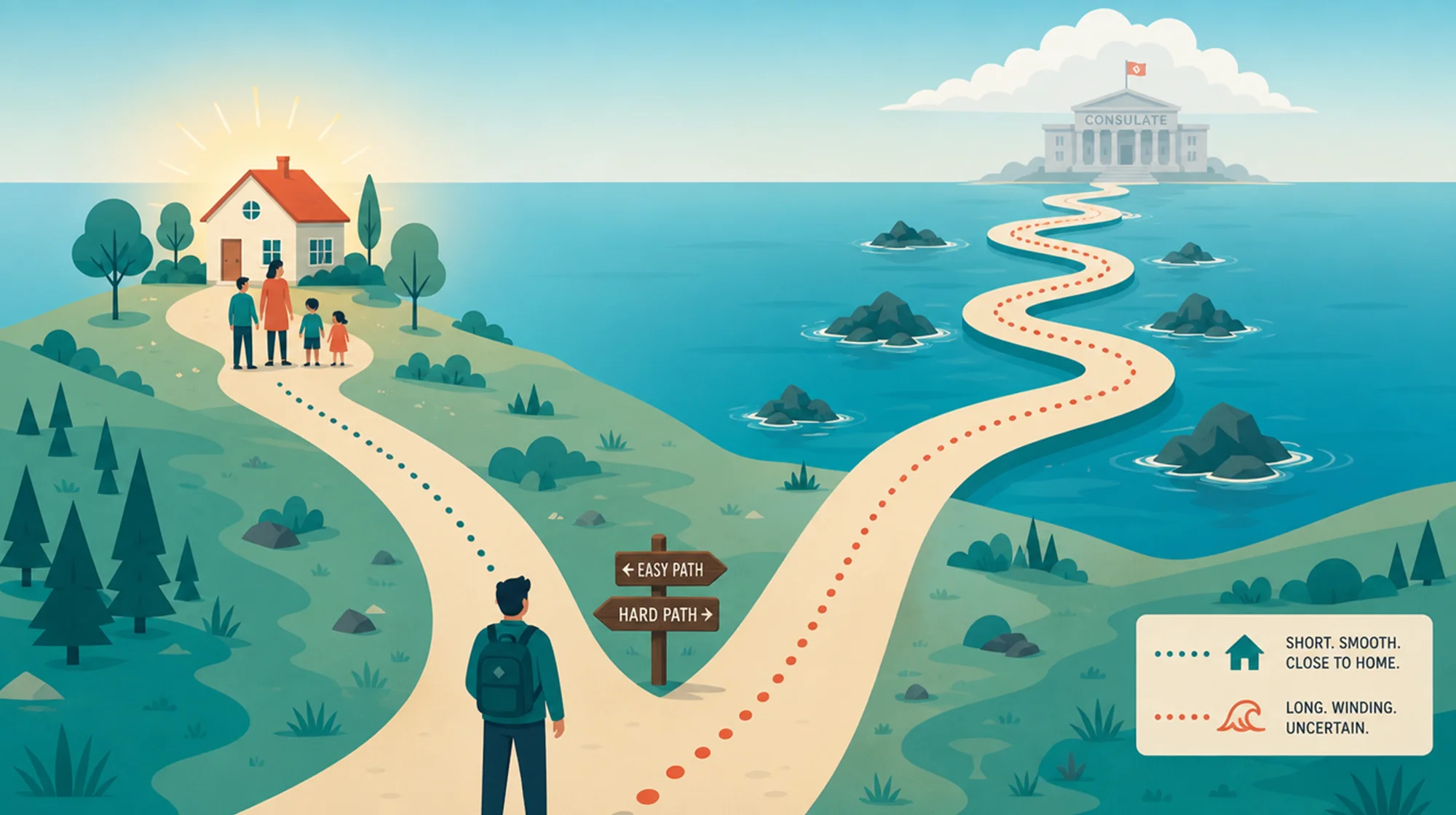 Una ilustración de un hombre en una encrucijada, eligiendo entre un "Camino Fácil" corto que lleva a un hogar familiar y un "Camino Difícil" sinuoso que cruza el agua hacia un consulado lejano.