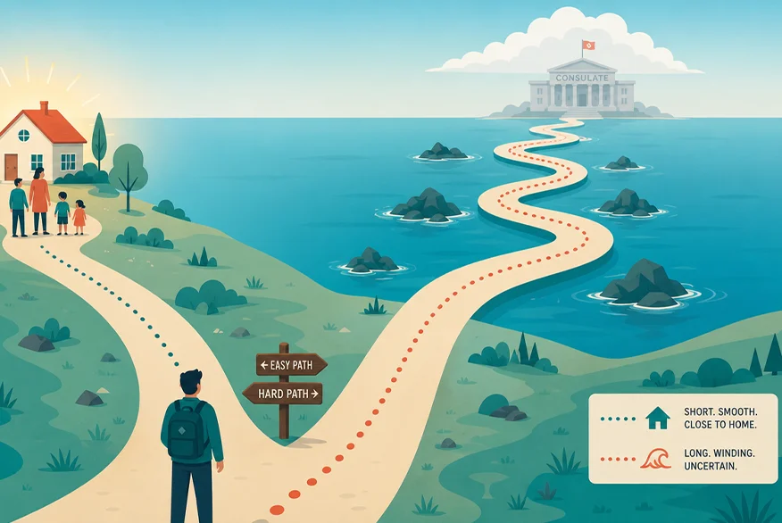 An illustration of a man at a crossroads choosing between a short "Easy Path" leading to a family home and a winding "Hard Path" across water to a distant consulate.