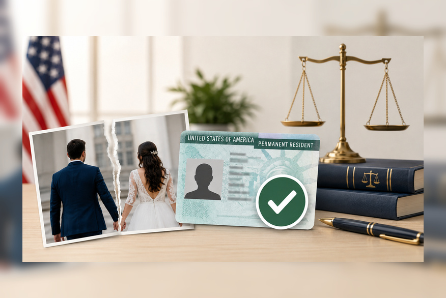 A torn wedding photo beside a U.S. green card, symbolizing whether permanent residence remains possible after a K-1 marriage ends.
