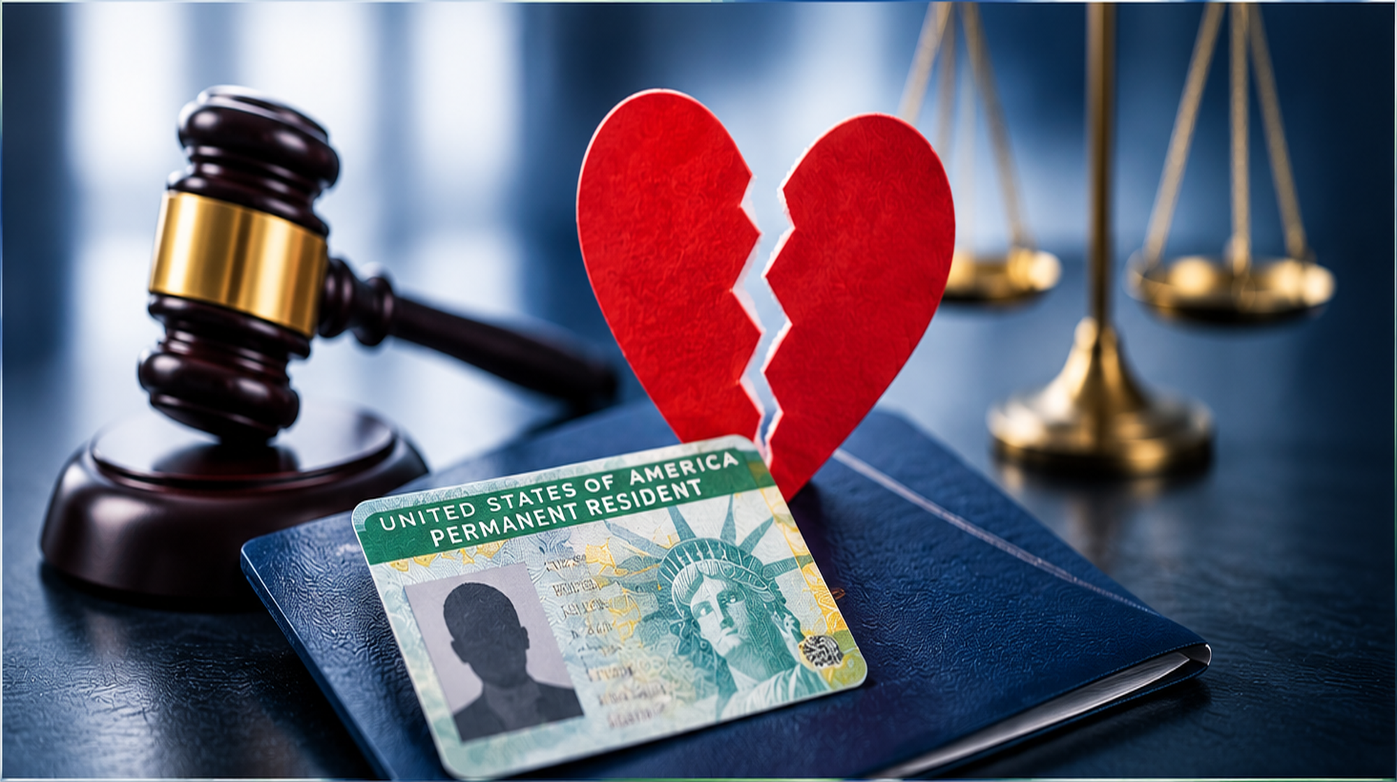 A broken heart above a U.S. green card, with a judge’s gavel and scales of justice symbolizing the immigration consequences of a K-1 marriage ending.
