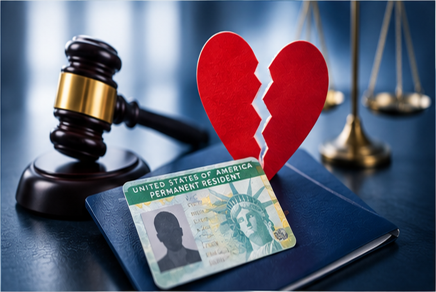 A broken heart above a U.S. green card, with a judge’s gavel and scales of justice symbolizing the immigration consequences of a K-1 marriage ending.
