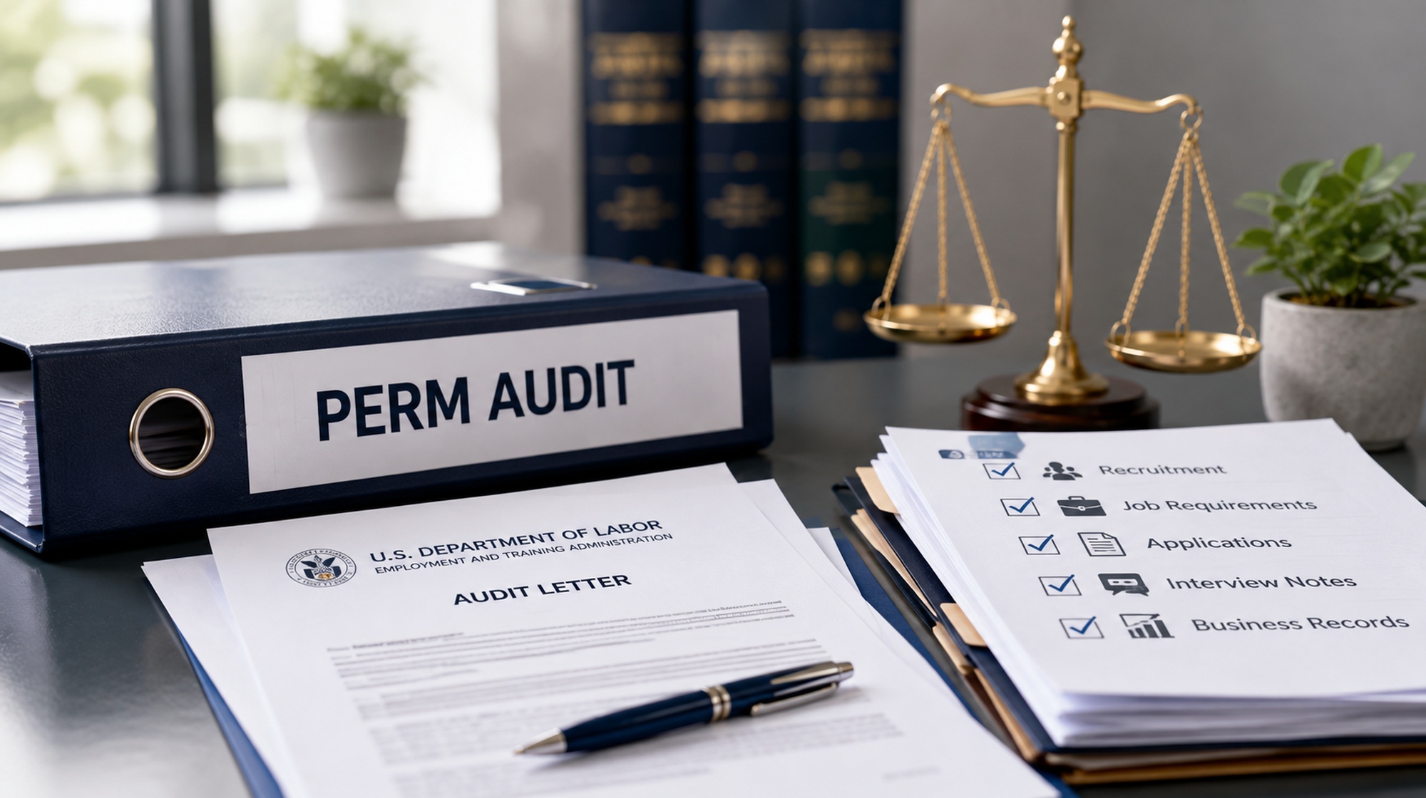 A professional desk scene featuring a PERM audit file, Department of Labor audit letter, compliance documents, and scales of justice.