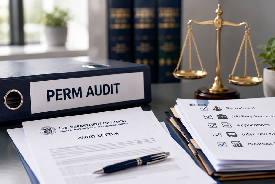 A professional desk scene featuring a PERM audit file, Department of Labor audit letter, compliance documents, and scales of justice.