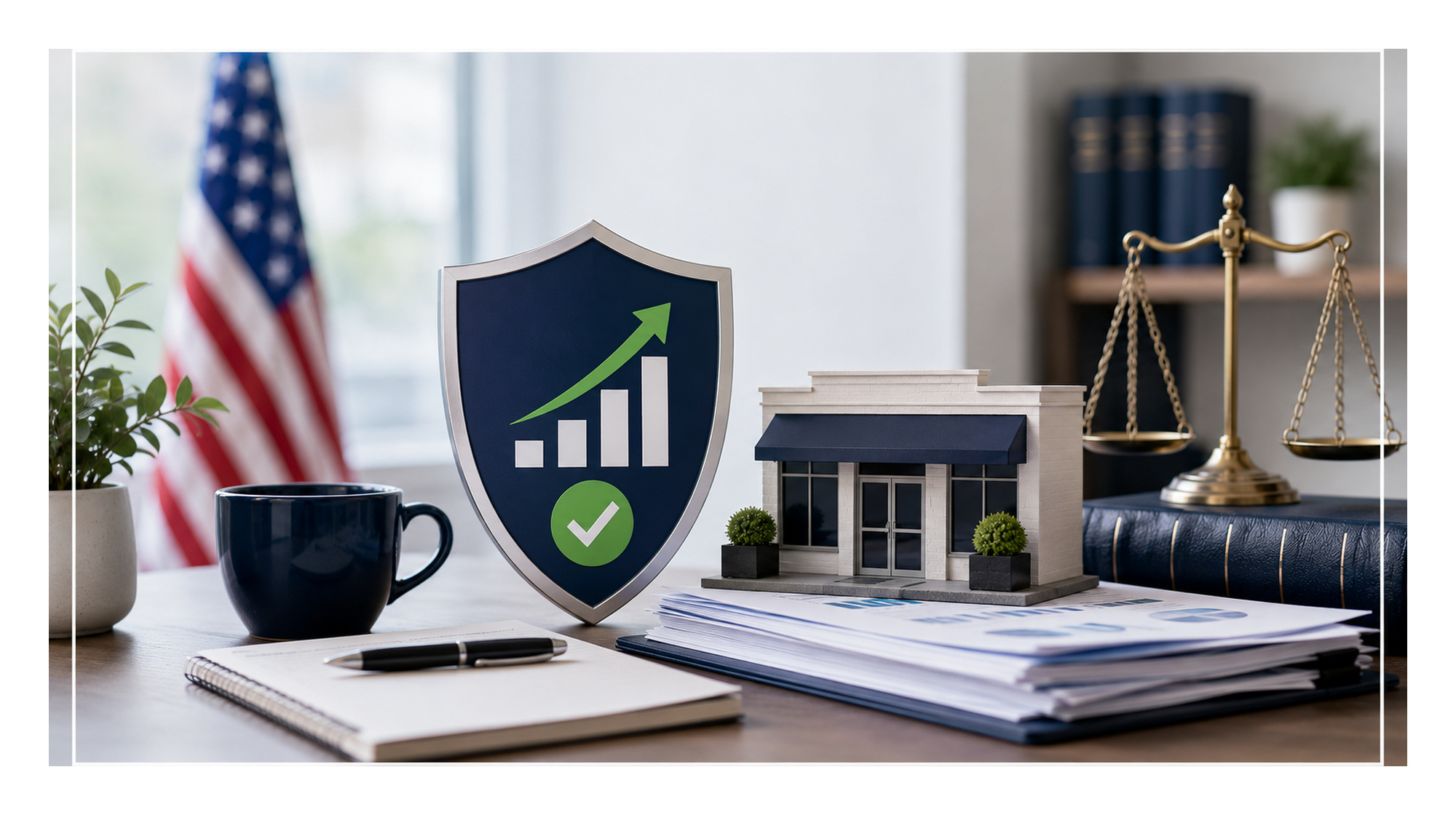 A business office scene featuring a growth shield, small building model, legal scales, documents, and an American flag.