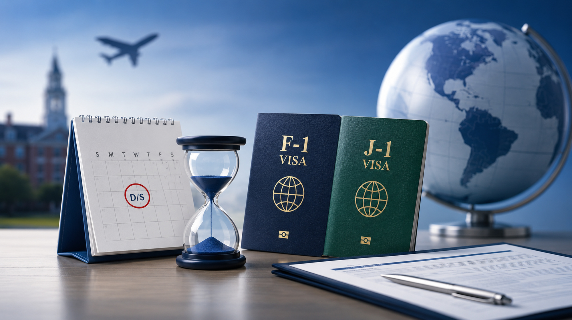 The photo shows F-1 and J-1 visas, a calendar, an hourglass, travel documents, and a globe. 