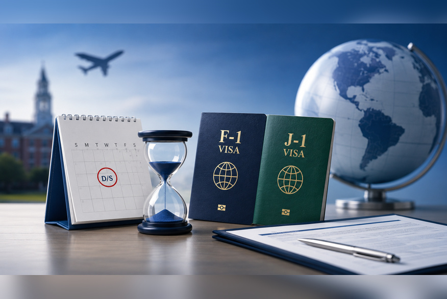 The photo shows F-1 and J-1 visas, a calendar, an hourglass, travel documents, and a globe. 