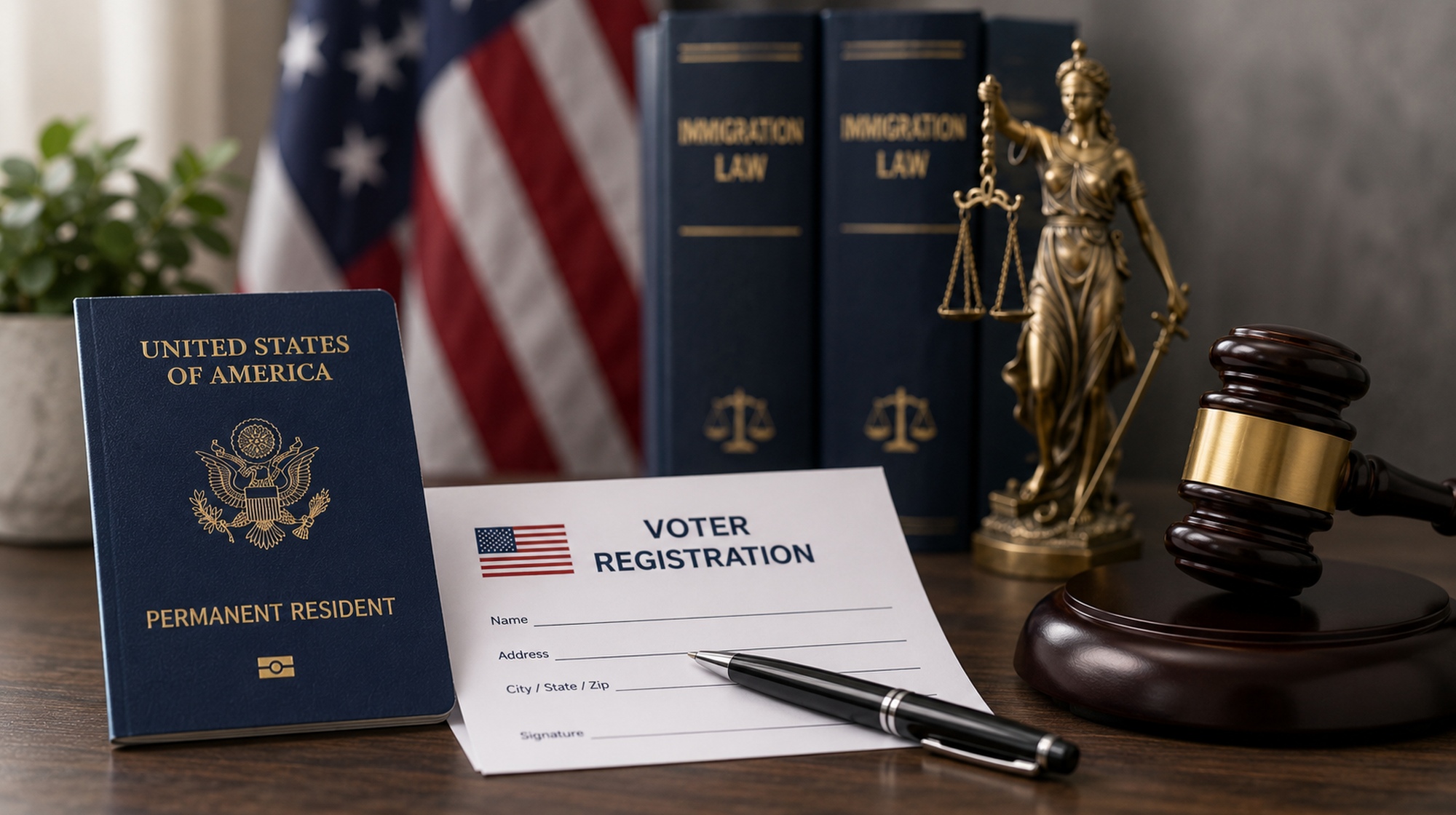 The photo shows a U.S. permanent resident passport, a voter registration form, immigration law books, the American flag, and symbols of justice such as a gavel and Lady Justice statue.