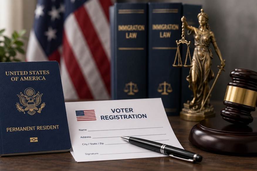 The photo shows a U.S. permanent resident passport, a voter registration form, immigration law books, the American flag, and symbols of justice such as a gavel and Lady Justice statue.