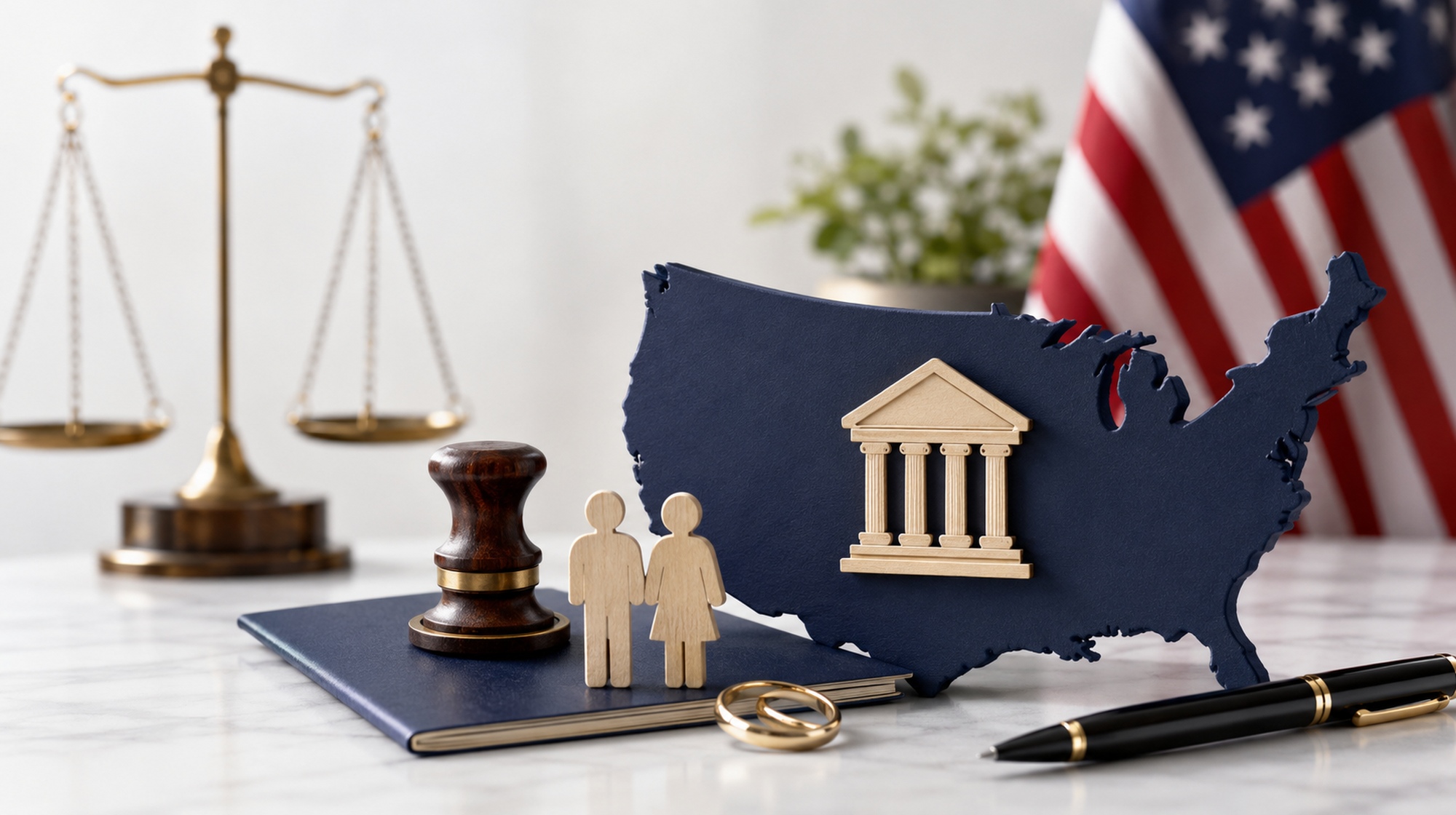 The photo shows a U.S. map with a courthouse symbol, a justice scale, a gavel, wedding rings, and a U.S. flag.