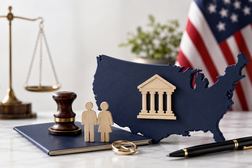 The photo shows a U.S. map with a courthouse symbol, a justice scale, a gavel, wedding rings, and a U.S. flag.
