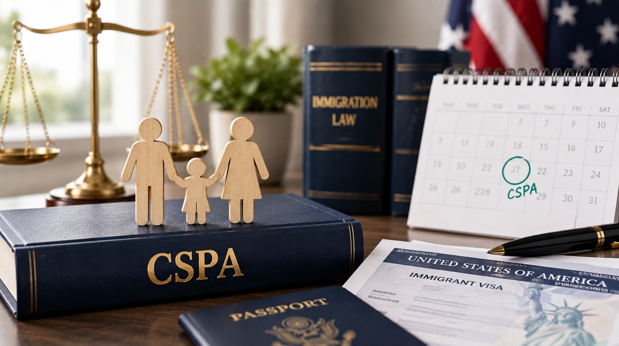 The photo shows an immigration-law scene with a family figurine, legal books, a U.S. visa document, passport, scales of justice, and a calendar marked “CSPA.”