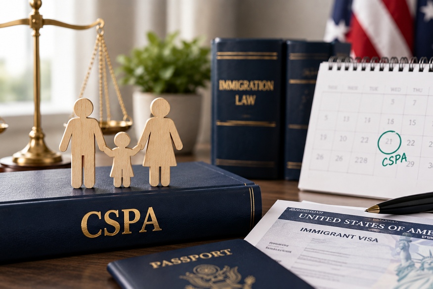 The photo shows an immigration-law scene with a family figurine, legal books, a U.S. visa document, passport, scales of justice, and a calendar marked “CSPA.”