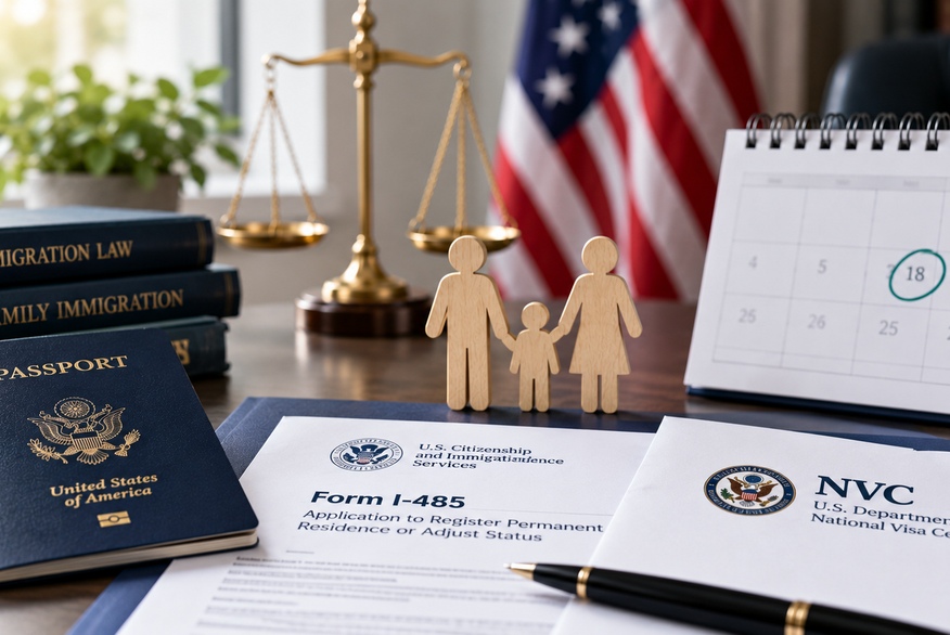 The photo shows a U.S. immigration-law setting with a family figurine, legal books, a passport, Form I-485 and NVC documents, a calendar, scales of justice, and an American flag.