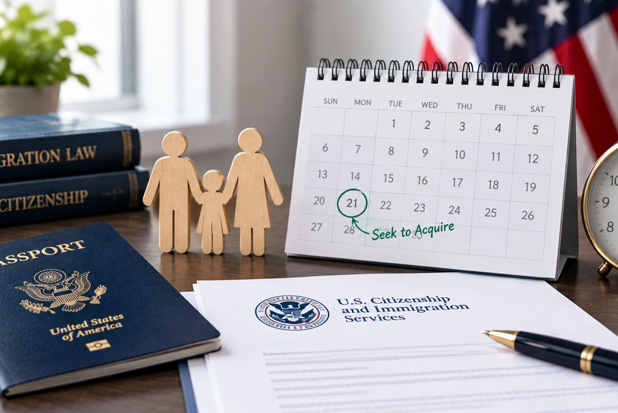 The photo shows a U.S. immigration-themed scene with a family figurine, passport, USCIS document, immigration-law books, a calendar marked “Seek to Acquire,” and an American flag.