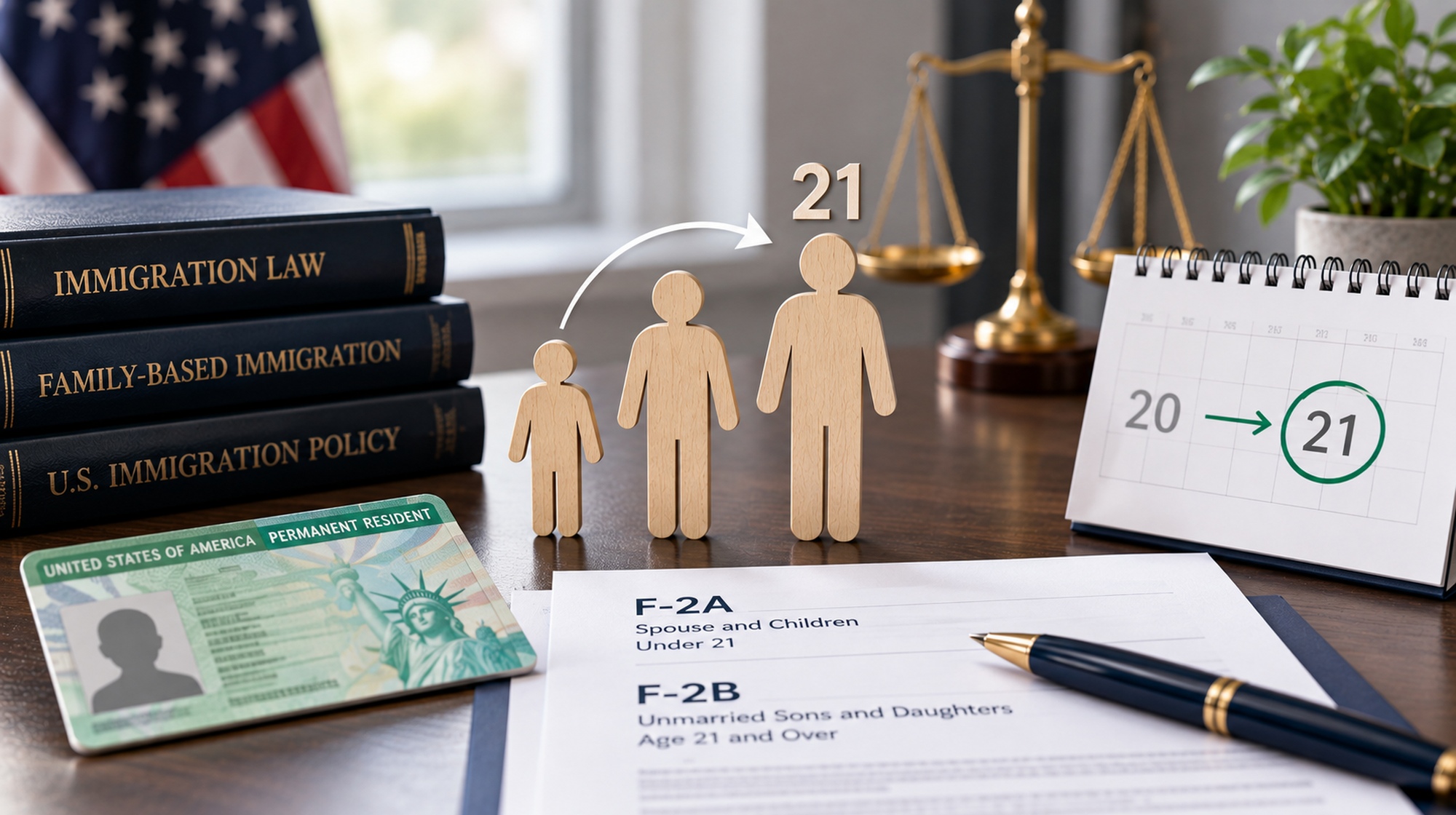 The photo depicts U.S. immigration law materials, a green card, family figures, legal scales, and a calendar highlighting a child turning 21.