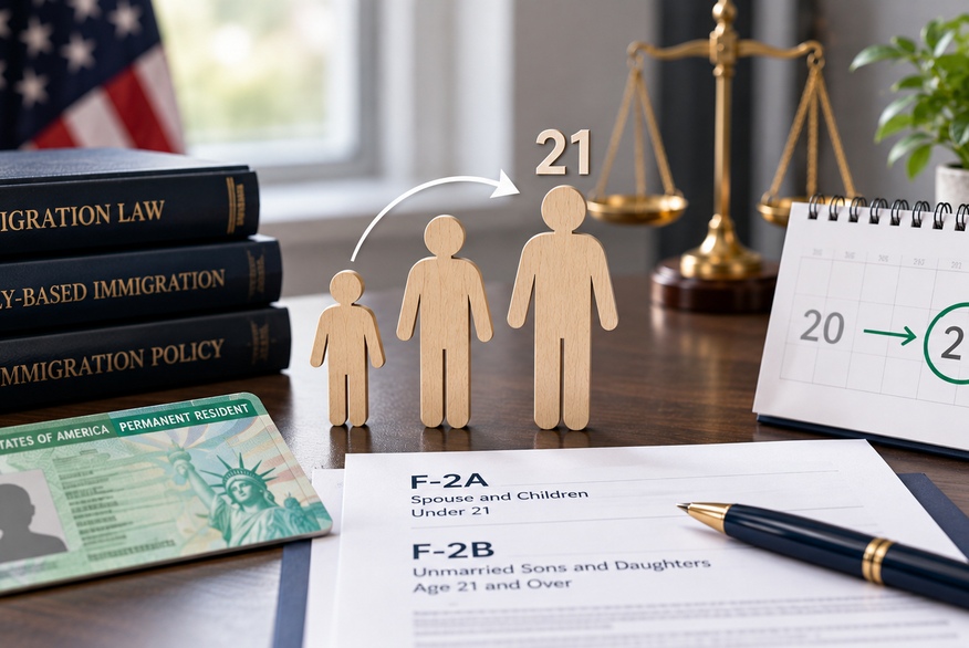 The photo depicts U.S. immigration law materials, a green card, family figures, legal scales, and a calendar highlighting a child turning 21.