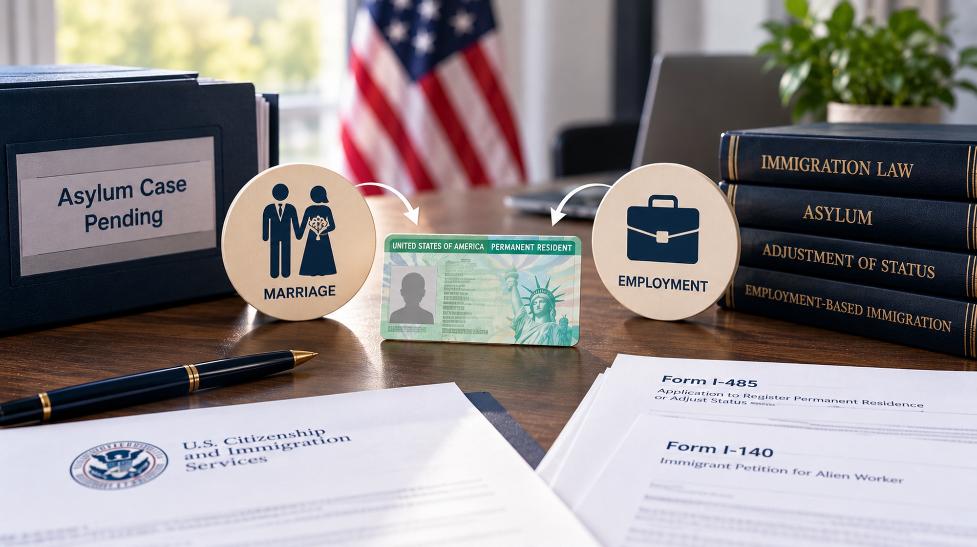 The photo depicts a pending asylum case alongside marriage- and employment-based pathways to U.S. permanent residency, with immigration law books, USCIS forms, and a green card on a desk.