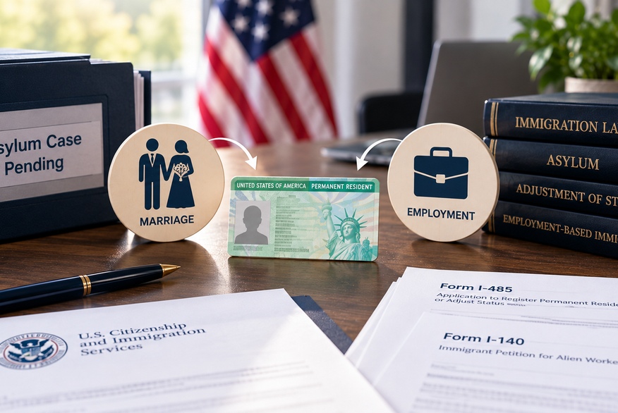 The photo depicts a pending asylum case alongside marriage- and employment-based pathways to U.S. permanent residency, with immigration law books, USCIS forms, and a green card on a desk.