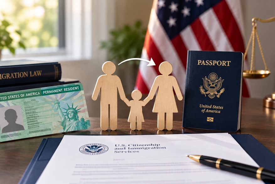 The photo shows U.S. immigration and citizenship materials, including a green card, passport, family figures, immigration law books, USCIS paperwork, and an American flag.