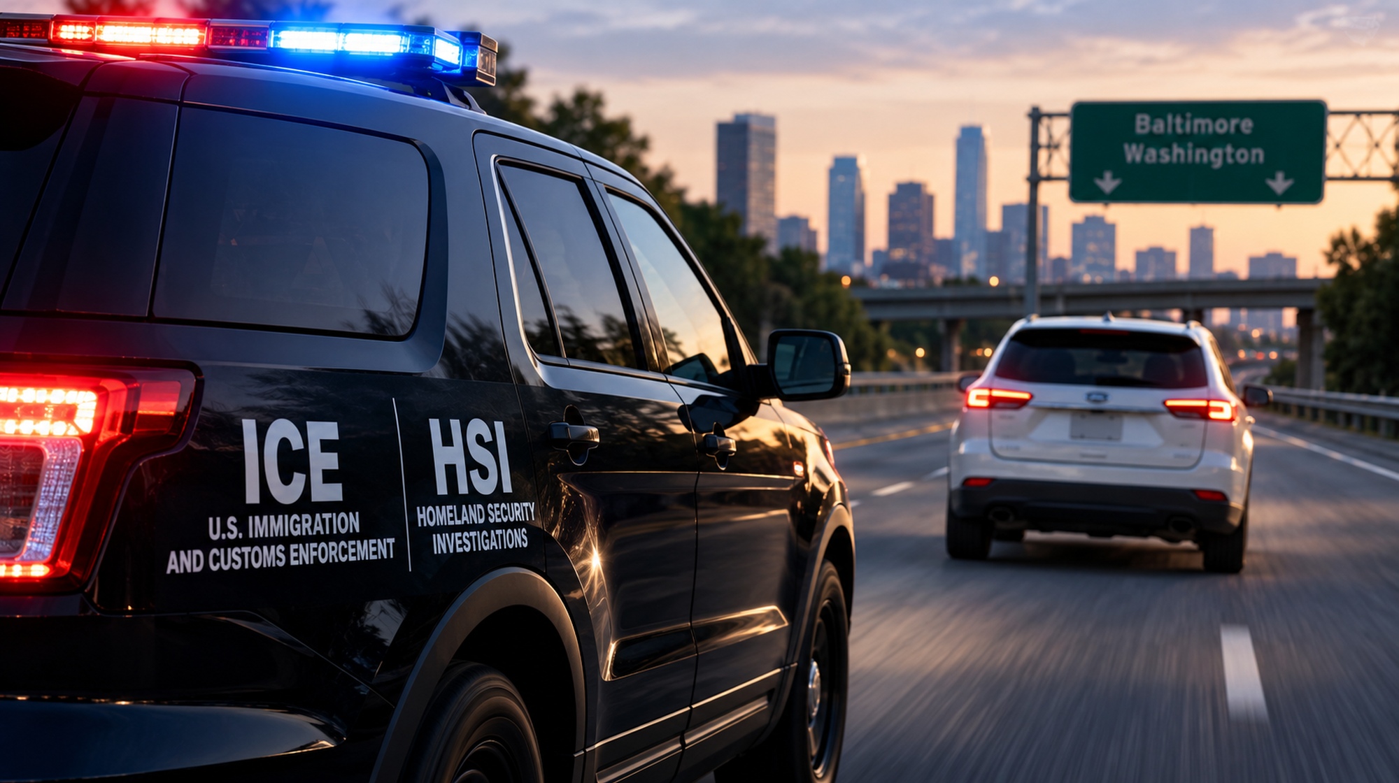 Un vehículo negro de ICE/HSI con luces intermitentes circula por una autopista hacia el horizonte de una ciudad, siguiendo a una camioneta blanca debajo de un letrero de carretera de Baltimore/Washington.