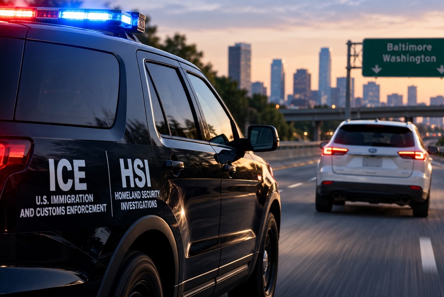 Un vehículo negro de ICE/HSI con luces intermitentes circula por una autopista hacia el horizonte de una ciudad, siguiendo a una camioneta blanca debajo de un letrero de carretera de Baltimore/Washington.