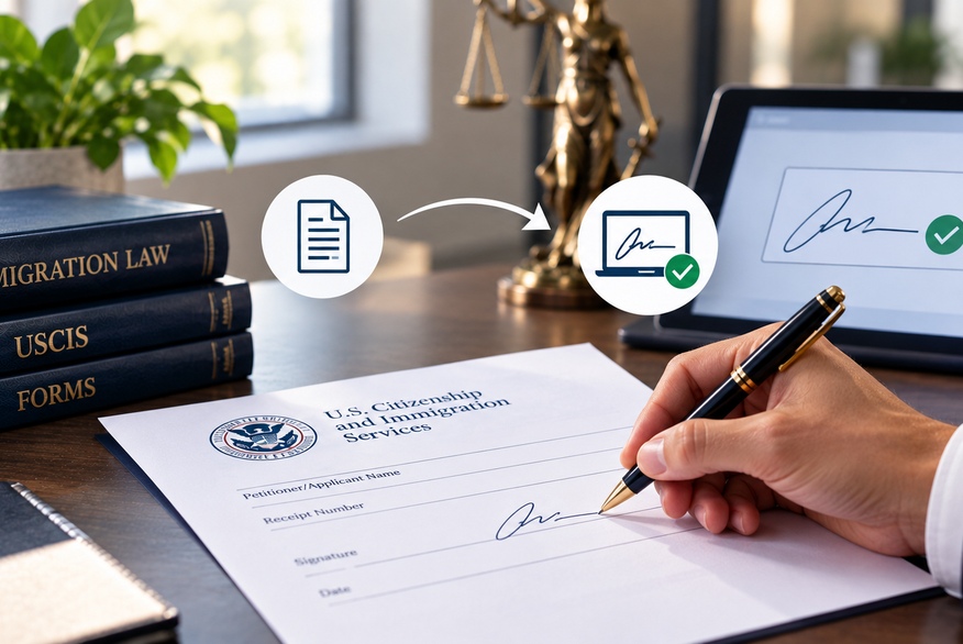 La foto muestra a una persona firmando un formulario de inmigración de EE. UU. en un escritorio, rodeada de libros de leyes de inmigración, una computadora portátil que muestra una firma digital e imágenes legales.